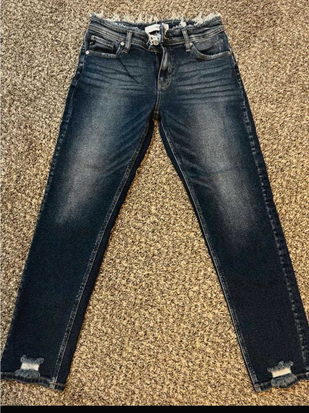 KanCan Dark Indigo Distressed Skinny Jeans with frayed hem and waist